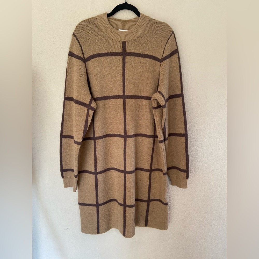 Noisy May Window Pane Knit Sweater Dress - Tan and Brown Sz XL NWT long sleeve